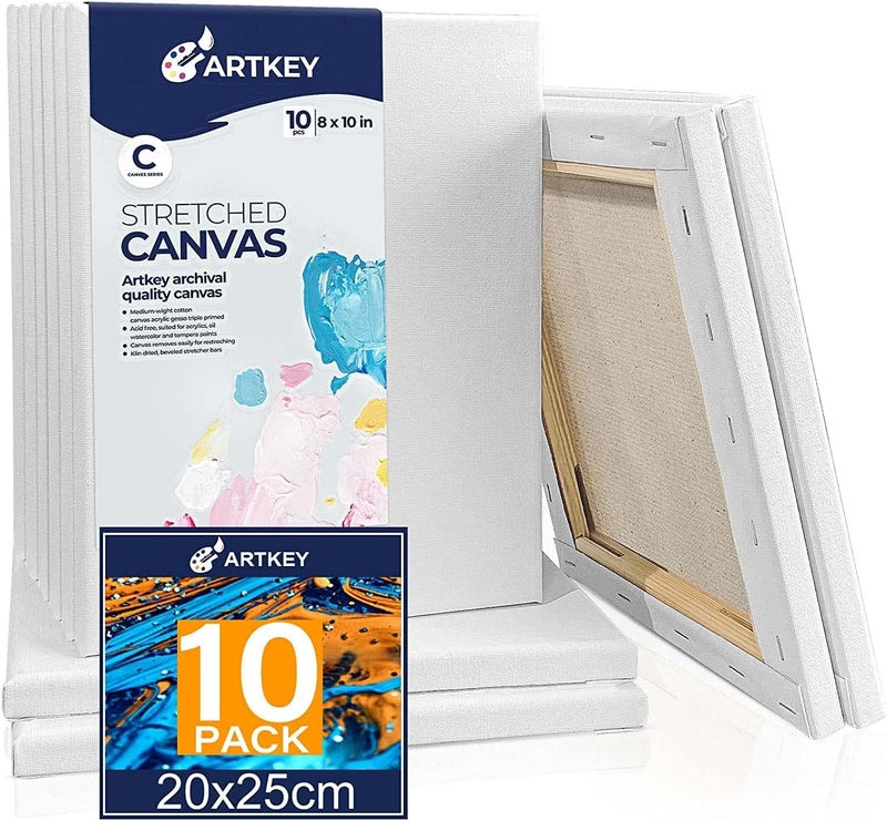Artkey Canvases for Painting 8 x 10 Inch 10 - Pack, 5/8" Profile Stretched Canvas - 10 oz Primed, 100% Cotton White Blank Canvas - Art Paint Canvases for Acrylic Oil Paint - Image 1